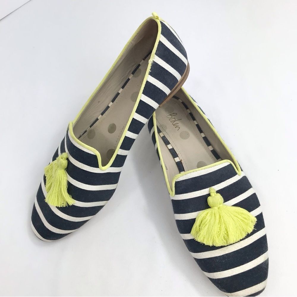 Boden Evelina Navy Blue White Stripe Neon Tassel Slip on Nautical Ballet Flats - Picture 5 of 16